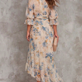 Vestido Maxí de Jersey Bege com Flores e Design Irregular