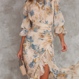 Vestido Maxí de Jersey Bege com Flores e Design Irregular