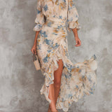 Vestido Maxí de Jersey Bege com Flores e Design Irregular