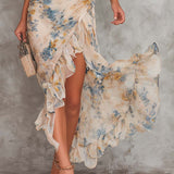 Vestido Maxí de Jersey Bege com Flores e Design Irregular
