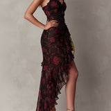 Vestido Floral Preto e Vermelho Chic com Costuras e Riscas