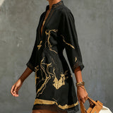 Donatella | Mini vestido preto com estampado mármore dourado e renda de crochê