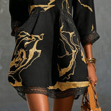 Donatella | Mini vestido preto com estampado mármore dourado e renda de crochê