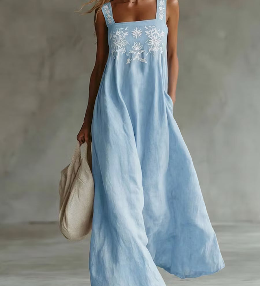 Vestido casual boêmio com estampa floral em algodão e linho