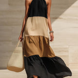 Vestido longo elegante com blocos de cores artísticos