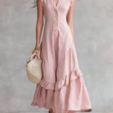 Vestido feminino minimalista de renda em algodão e linho