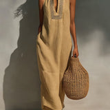Vestido maxi feminino minimalista sem mangas com decote vazado