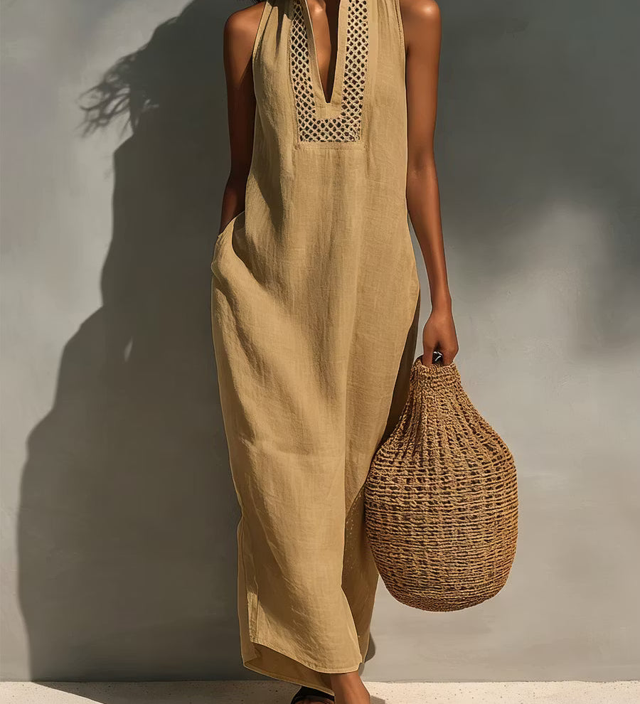 Vestido maxi feminino minimalista sem mangas com decote vazado