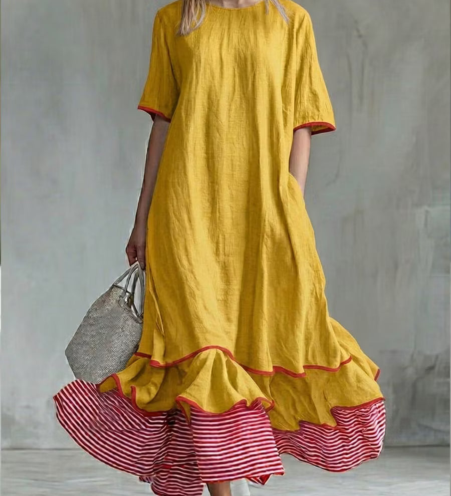 Vestido midi listrado patchwork feminino – Vestido casual vermelho de verão