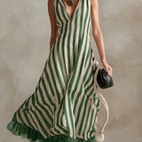 Vestido moderno sem mangas em chiffon listrado com patchwork, confeccionado em linho e algodão.