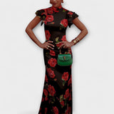 Luna - Vestido maxi com padrão floral, corte assimétrico e mangas em sino