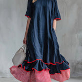 Vestido midi listrado patchwork feminino – Vestido casual vermelho de verão