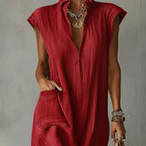 Vestido midi feminino em algodão e linho com gola franzida – Vestido elegante para o verão