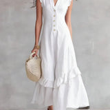 Vestido feminino minimalista de renda em algodão e linho