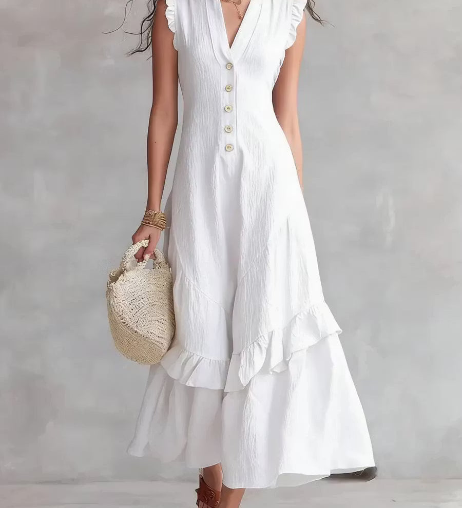 Vestido feminino minimalista de renda em algodão e linho