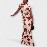 Luna - Vestido maxi com padrão floral, corte assimétrico e mangas em sino
