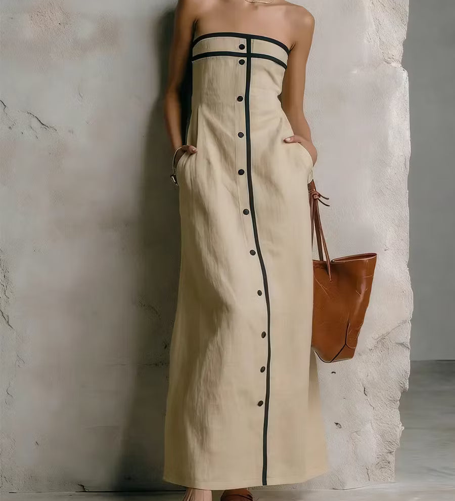 Vestido feminino simples listrado sem alças em algodão e linho