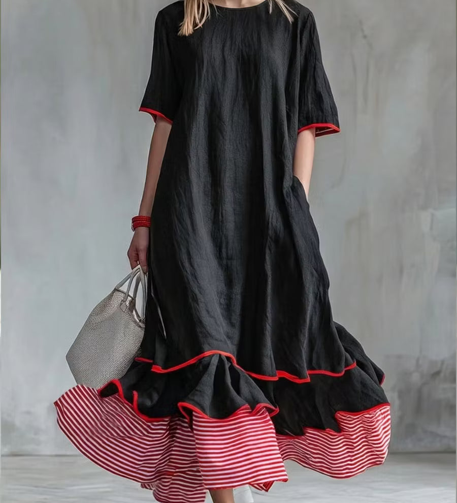 Vestido midi listrado patchwork feminino – Vestido casual vermelho de verão