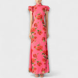 Luna - Vestido maxi com padrão floral, corte assimétrico e mangas em sino