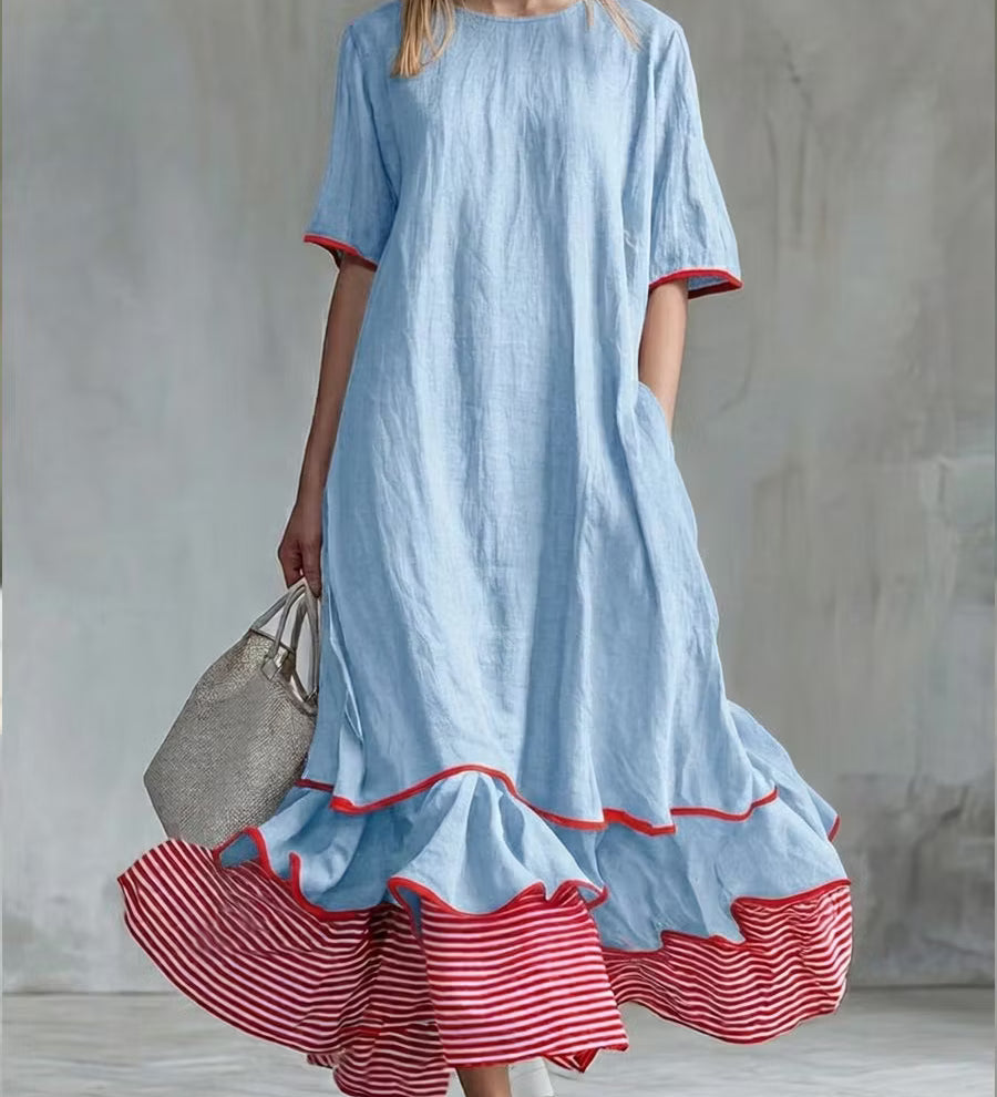 Vestido midi listrado patchwork feminino – Vestido casual vermelho de verão