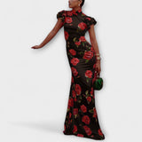 Luna - Vestido maxi com padrão floral, corte assimétrico e mangas em sino