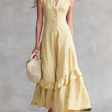 Vestido feminino minimalista de renda em algodão e linho