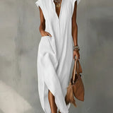 Vestido midi feminino em algodão e linho com gola franzida – Vestido elegante para o verão