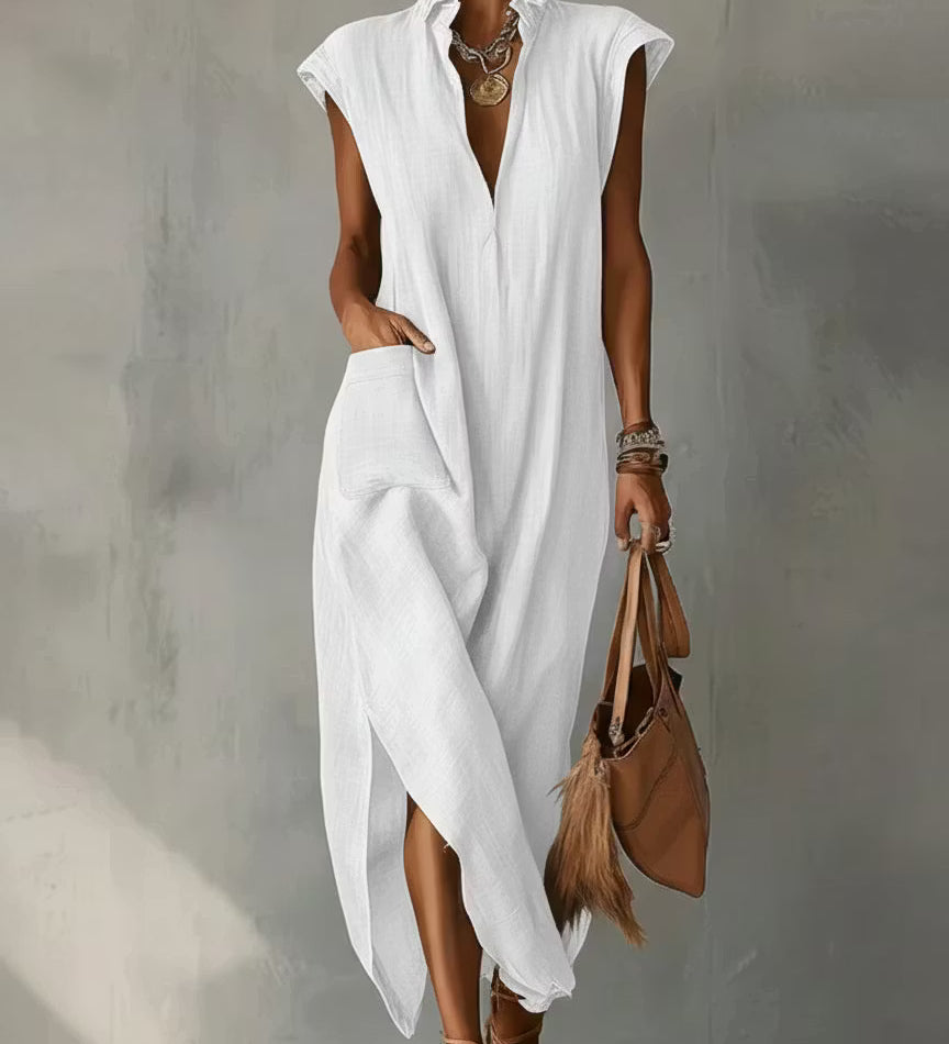 Vestido midi feminino em algodão e linho com gola franzida – Vestido elegante para o verão