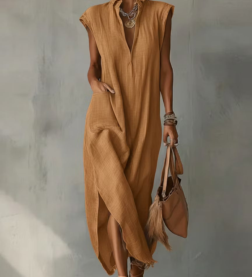 Vestido midi feminino em algodão e linho com gola franzida – Vestido elegante para o verão