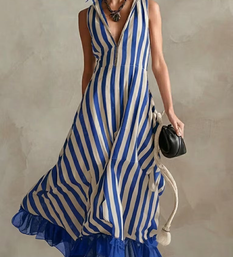 Vestido moderno sem mangas em chiffon listrado com patchwork, confeccionado em linho e algodão.