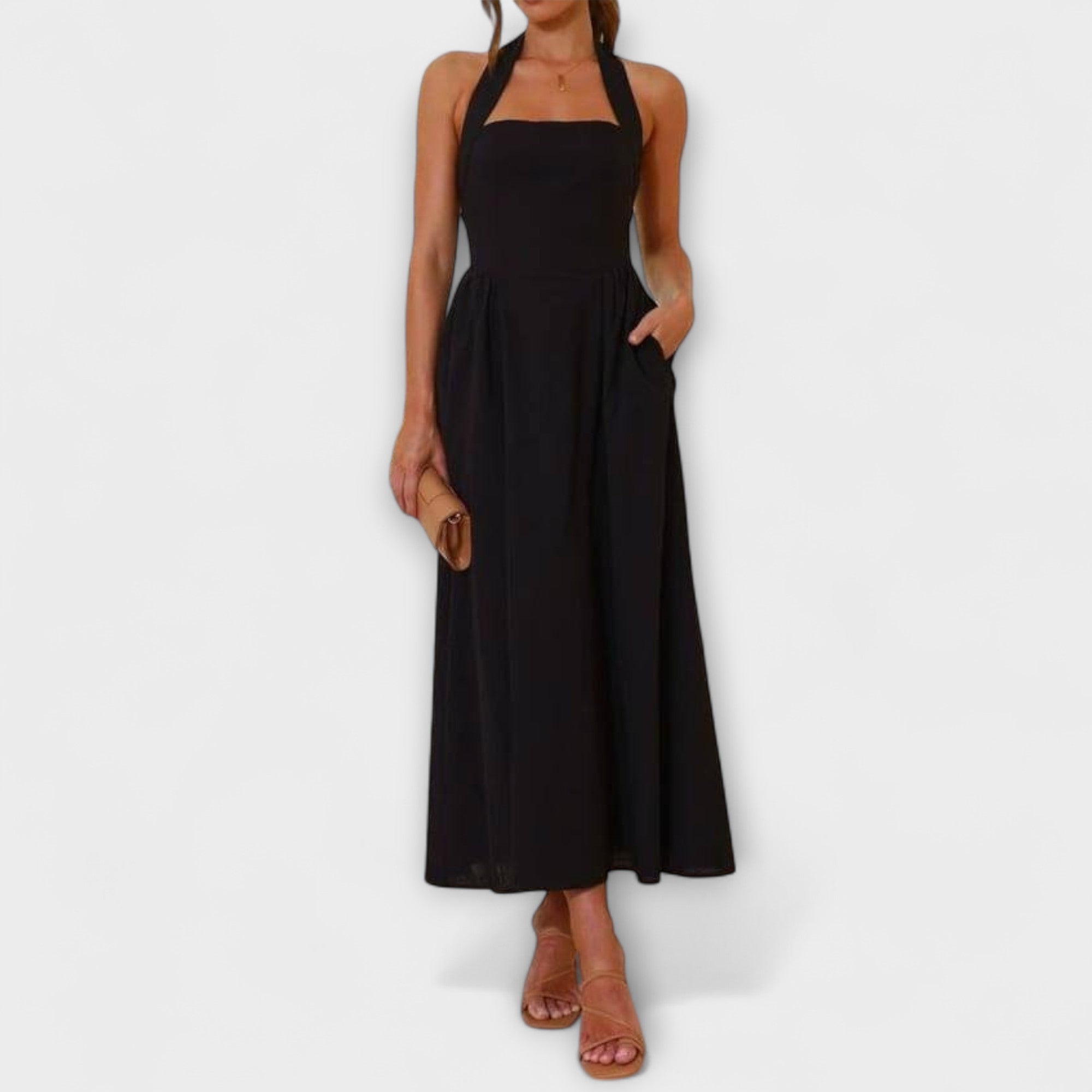 Lídia - Vestido Midi Preto com Decote e Detalhe na Cintura