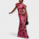 Luna - Vestido maxi com padrão floral, corte assimétrico e mangas em sino