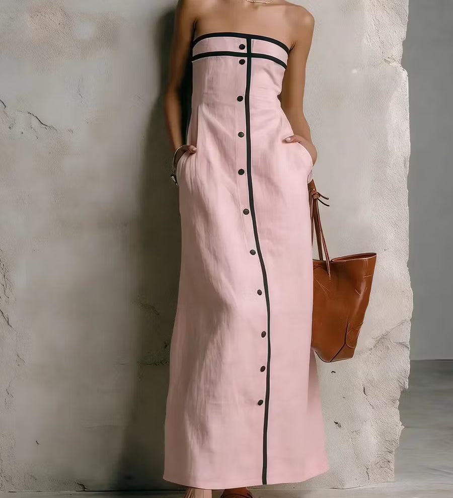 Vestido feminino simples listrado sem alças em algodão e linho