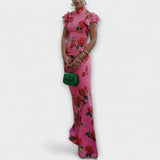 Luna - Vestido maxi com padrão floral, corte assimétrico e mangas em sino