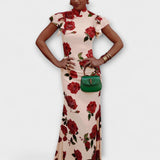Luna - Vestido maxi com padrão floral, corte assimétrico e mangas em sino