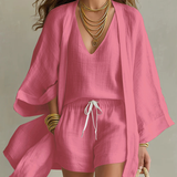 Camila | Conjunto de Cardigan e Calções de Três Peças em Poliéster-Linho