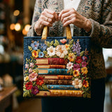 Bolsa artesanal - Estampado floral e livros