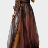 Natalia Maxi Vestido de Chiffon com Ombro Descoberto e Volume Rosa