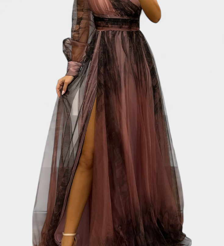 Natalia Maxi Vestido de Chiffon com Ombro Descoberto e Volume Rosa
