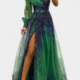 Natalia Maxi Vestido de Chiffon com Ombro Descoberto e Volume Rosa