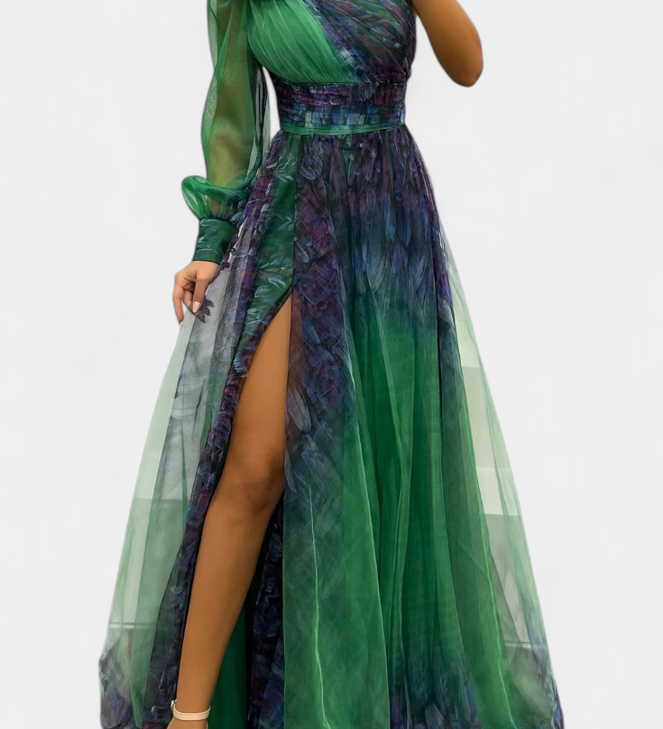 Natalia Maxi Vestido de Chiffon com Ombro Descoberto e Volume Rosa