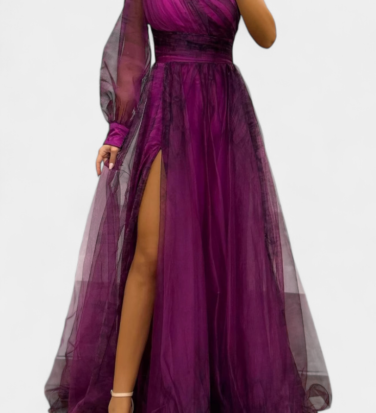 Natalia Maxi Vestido de Chiffon com Ombro Descoberto e Volume Rosa