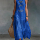 Vestido longo em algodão e linho com estampado de libélula em estilo boho retro