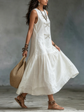Vestido longo em algodão e linho com estampado de libélula em estilo boho retro