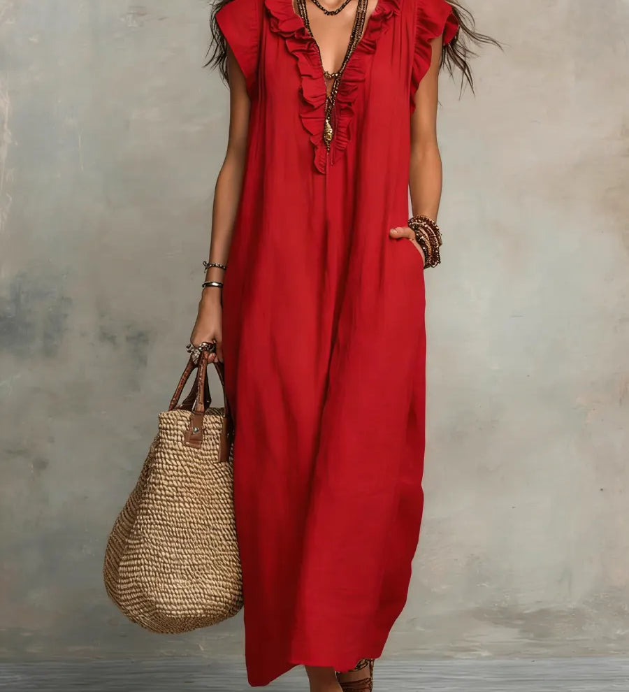 Camélia™ | Vestido longo feminino de linho e algodão com volantes