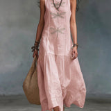 Vestido longo em algodão e linho com estampado de libélula em estilo boho retro