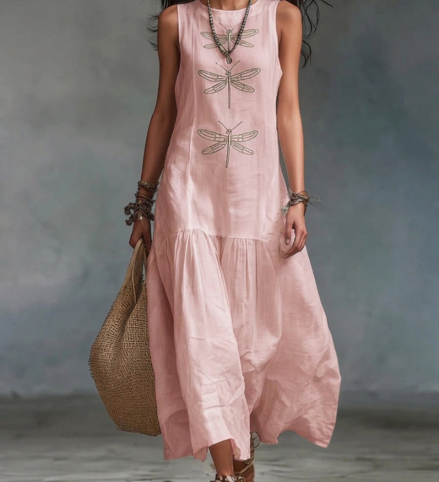 Vestido longo em algodão e linho com estampado de libélula em estilo boho retro