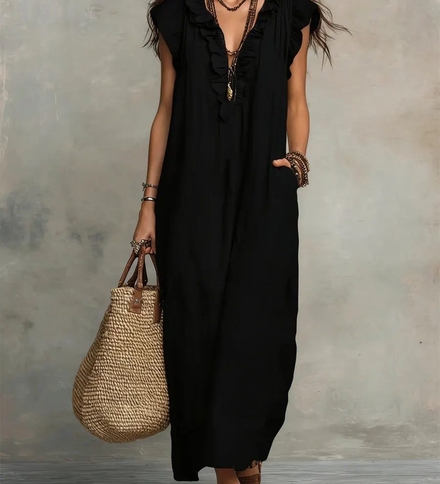 Camélia™ | Vestido longo feminino de linho e algodão com volantes