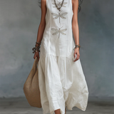 Vestido longo em algodão e linho com estampado de libélula em estilo boho retro