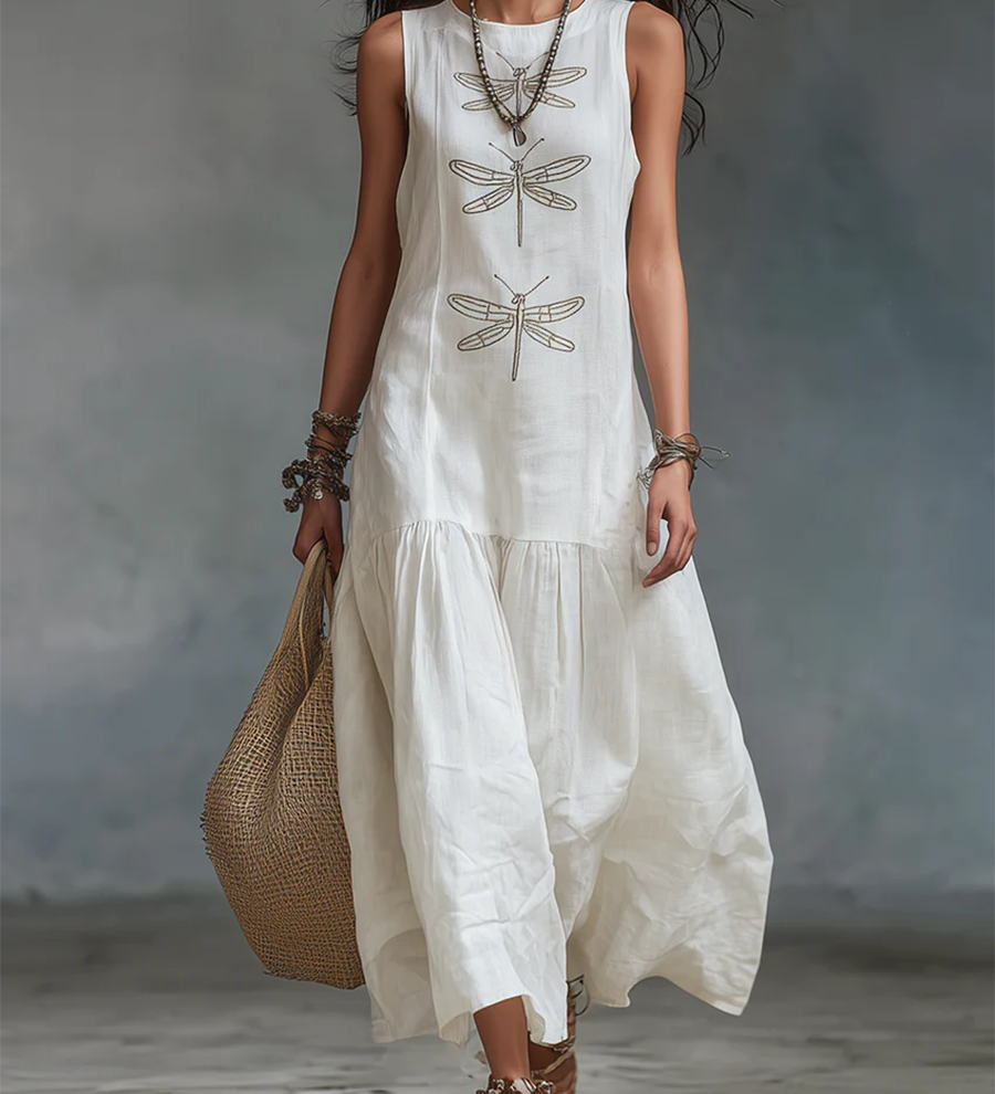 Vestido longo em algodão e linho com estampado de libélula em estilo boho retro